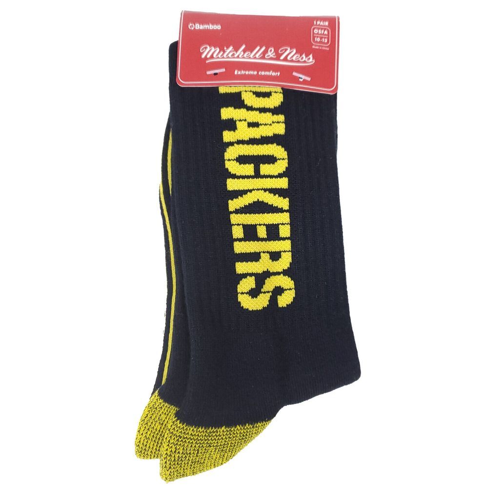 Green Bay‎ Packers Mitchell & Ness Size 10-13 NFL Crew Socks Black Yellow NWT